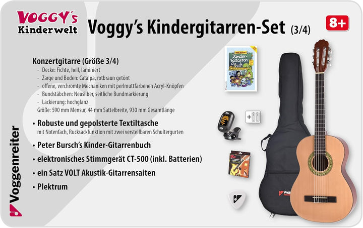 Voggy’s Kindergitarren-Set ¾ - Gitarre für Kinder ab 8 Jahren im Komplettset mit Zubehör auch geeign