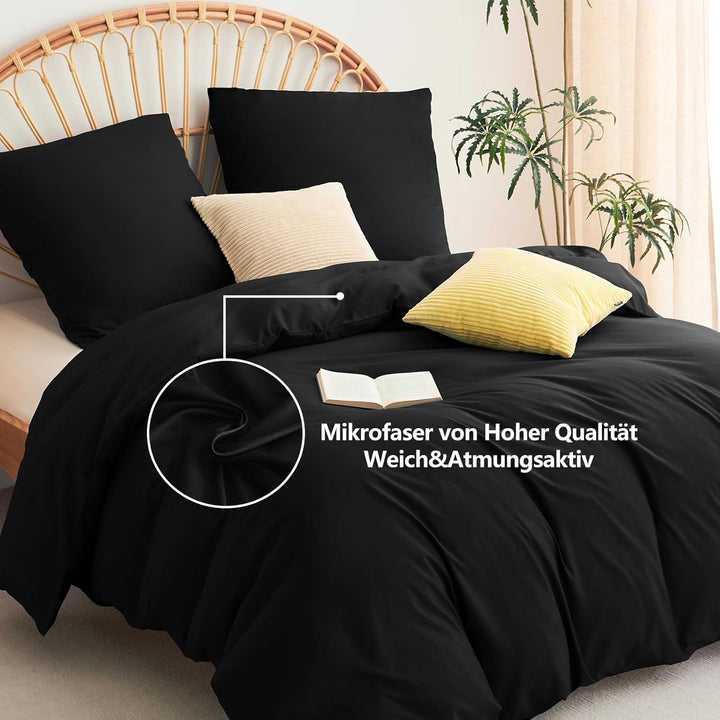 WAVVE Bettwäsche 220x240 3 teilig Schwarz - Bettbezug 220 x 240 Set mit Kissenbezüge 65x65 cm, Bettw