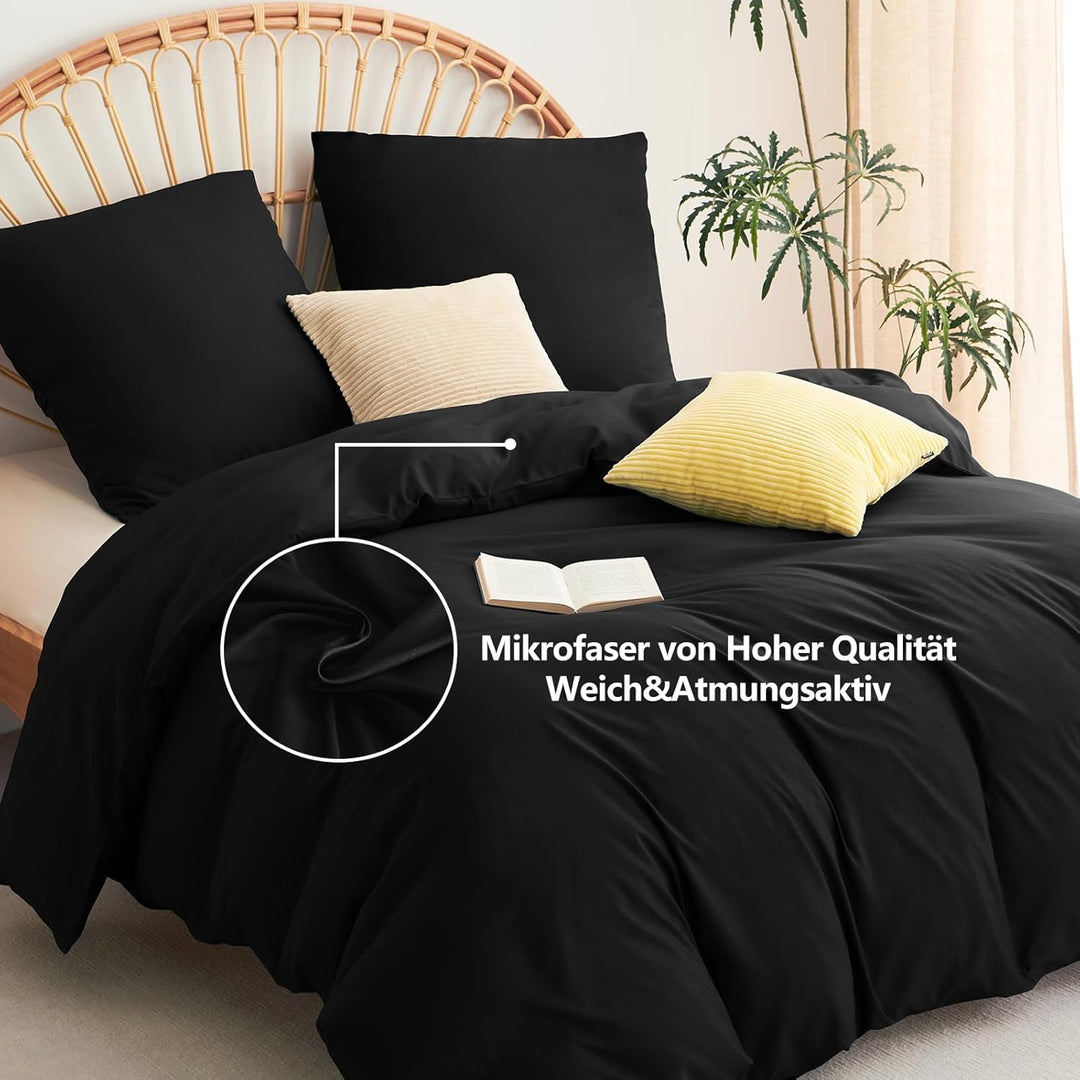 WAVVE Bettwäsche 220x240 3 teilig Schwarz - Bettbezug 220 x 240 Set mit Kissenbezüge 80x80 cm, Bettw