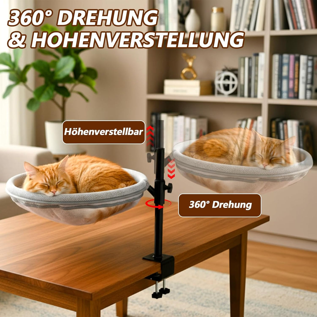 Katzenbett für Schreibtisch, 360° drehbar & Höhenverstellbar, Max 33lb, Katzenhängematte mit 2 wasch