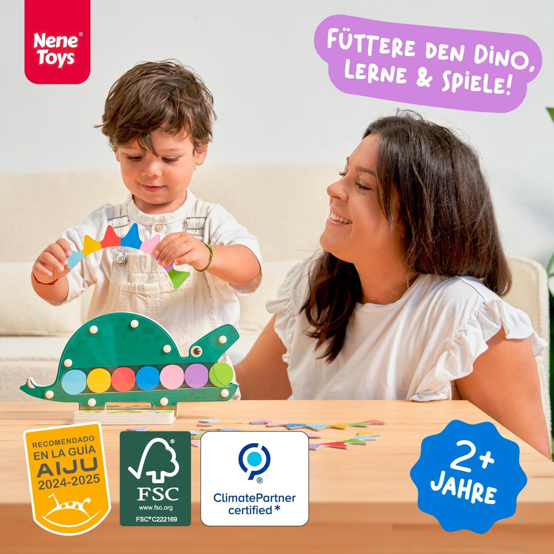 Nene Toys Hungriger Dino, Montessori Holzspielzeug ab 2 Jahren, Farben-Sortierspiel für Kleinkinder,