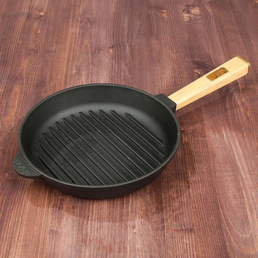 4BIG.fun Ø28cm Grillpfanne Gusseisen mit Pressdeckel Induktion Holzgriff Bratpfanne Pfanne Feuerpfan