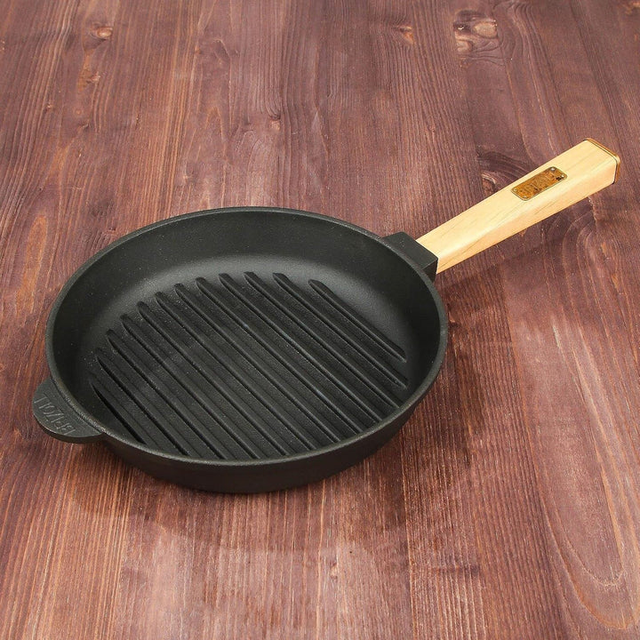 4BIG.fun Ø28cm Grillpfanne Gusseisen mit Pressdeckel Induktion Holzgriff Bratpfanne Pfanne Feuerpfan