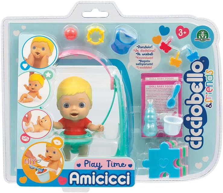 Cicciobello CC000100 Amicci Play Time, süsses Baby Blond mit bunten Windeln, Mini-Figur mit Zubehör,