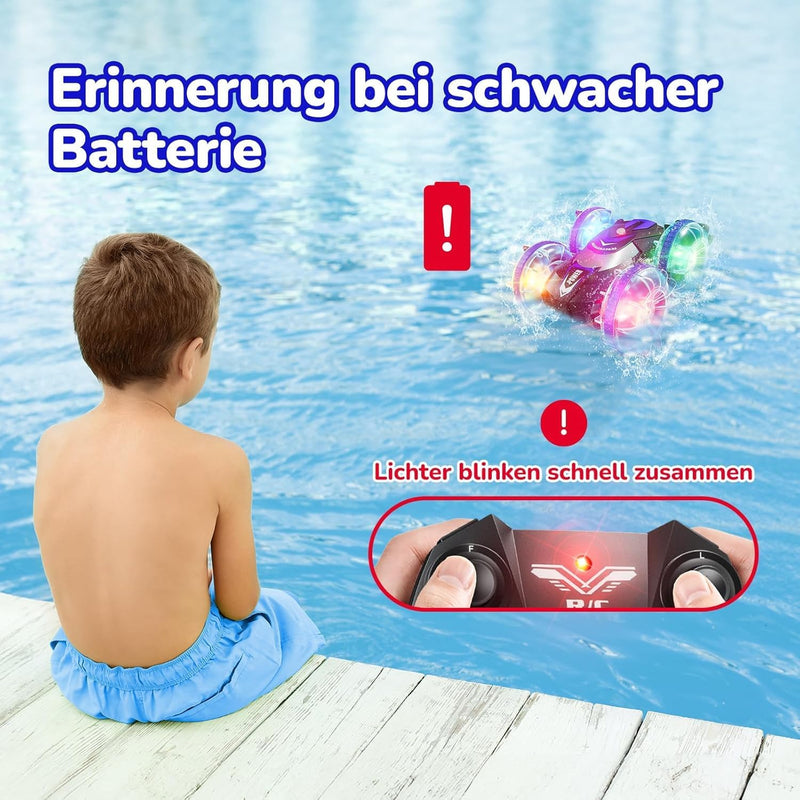 Ipflin Ferngesteuertes Auto mit LED Licht, 4WD 360° Drehbarer Wasserdichter Amphibienfahrzeug Fernge