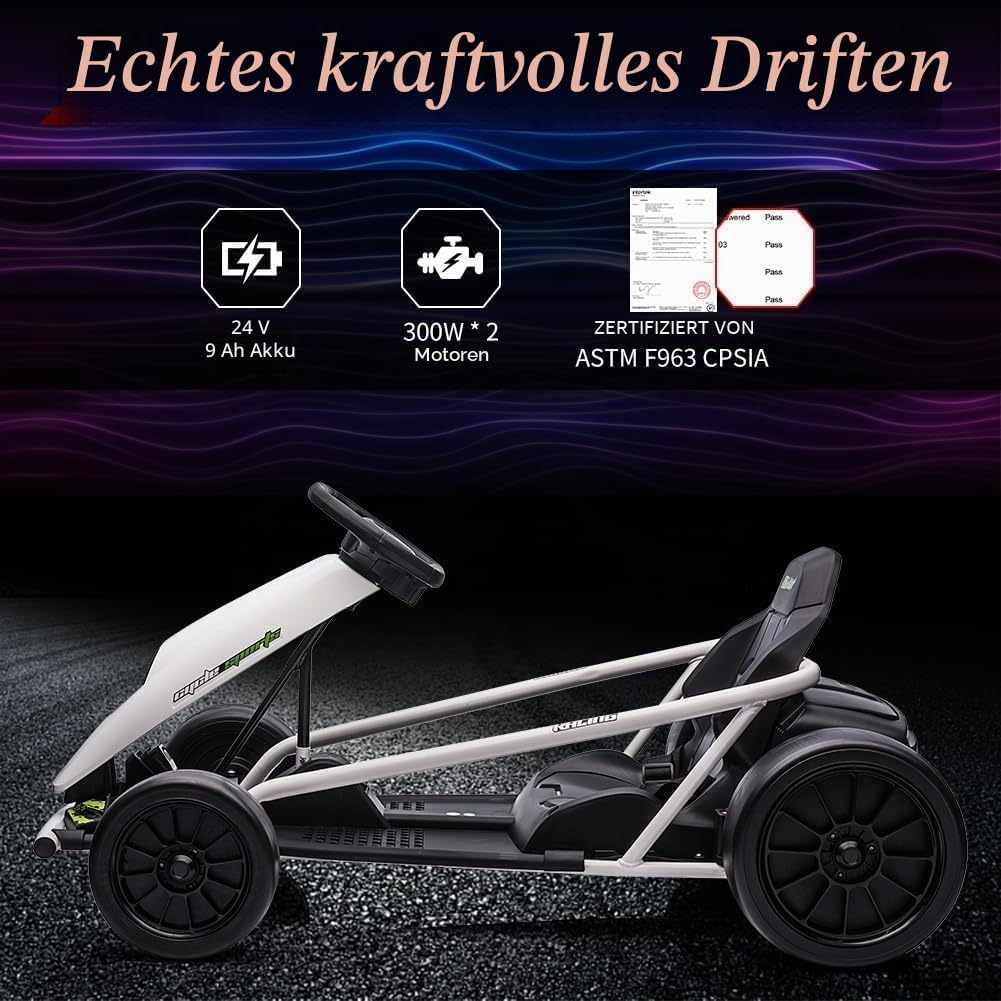 Elektrisches Go-Kart Weiss 24V für Kinder, Drift Kart mit 2×12V 9Ah Akku, Verstellbarem Sitz, Vor- u