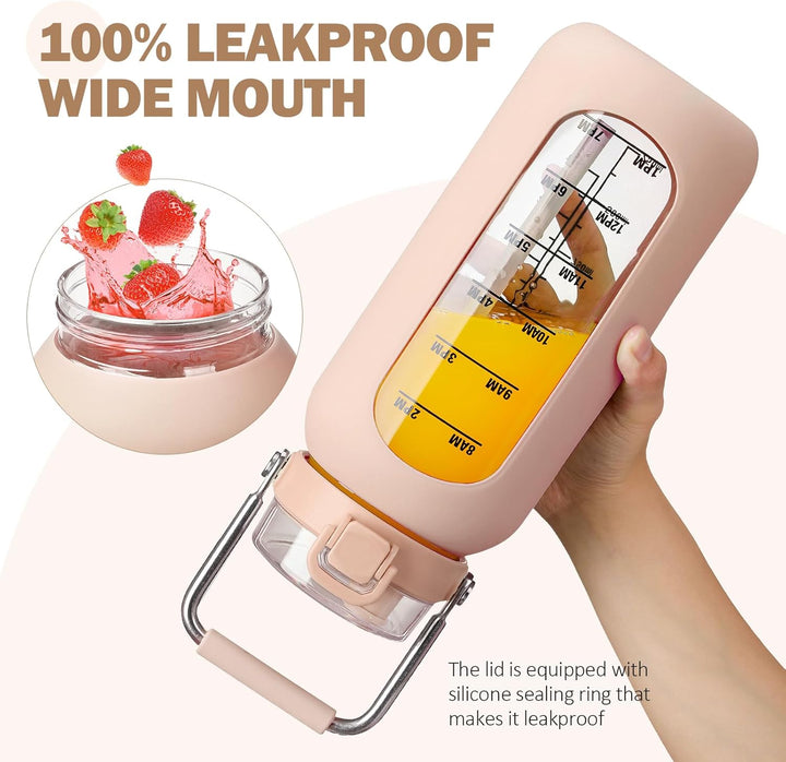 BLUEGO 2000ml Glaswasserflasche mit Edelstahlgriff und Zeitmarkierung 2L Trinkflasche Borosilikatgla