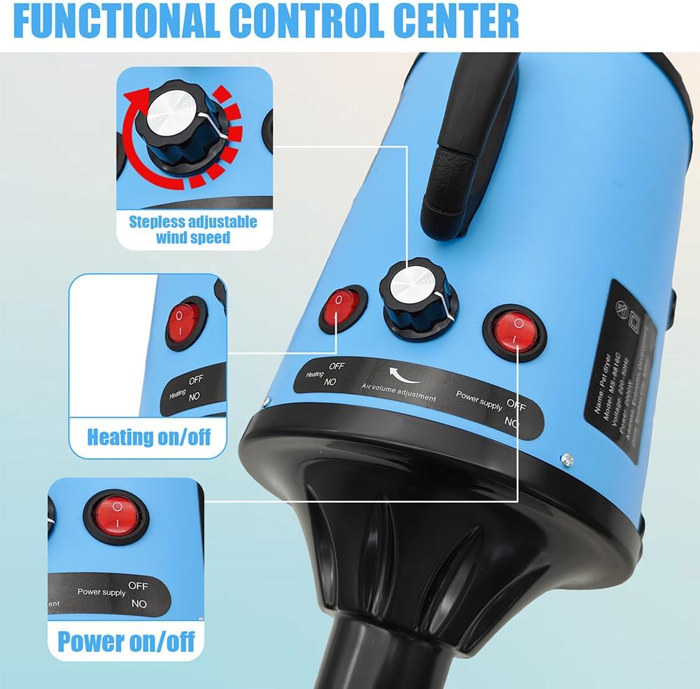 Hundefön Blower Einstellbare Geschwindigkeit 3200W Motor mit 4 verschiedenen Düsen und Schlauch Prof