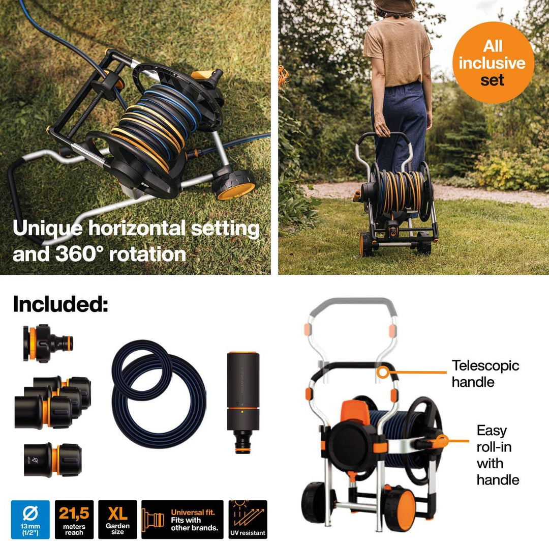 Fiskars Manuelles Waterwheel XL mit Rädern, All-Inclusive-Bewässerungs-Set, Manuelles Aufrollen, 21,