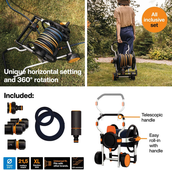 Fiskars Manuelles Waterwheel XL mit Rädern, All-Inclusive-Bewässerungs-Set, Manuelles Aufrollen, 21,