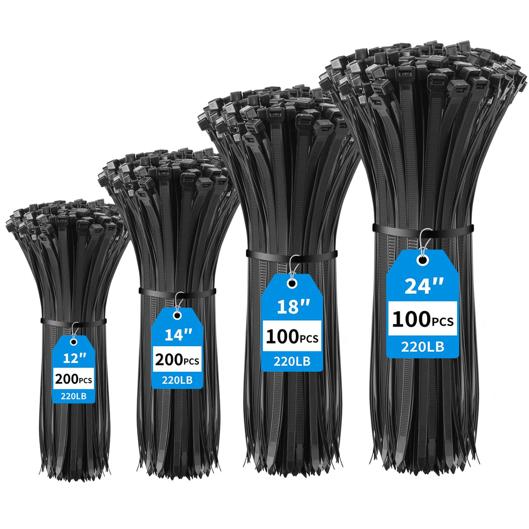 XINGO Schwarze Kabelbinder, robust, verschiedene Grössen (30,5 cm + 35,6 cm + 45,7 cm + 61 cm), 600