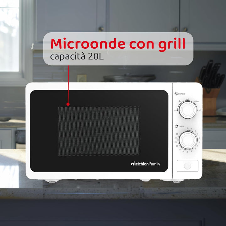 Melchioni Family Mikrowelle mit Grill 20 l, Welle, multifunktionale Mikrowelle, kleine Mikrowelle 80