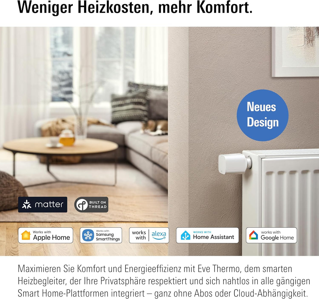 Eve Thermo (Matter, 5. Gen.): Smartes Heizkörperthermostat, Heizkosten sparen, funktioniert mit Alex