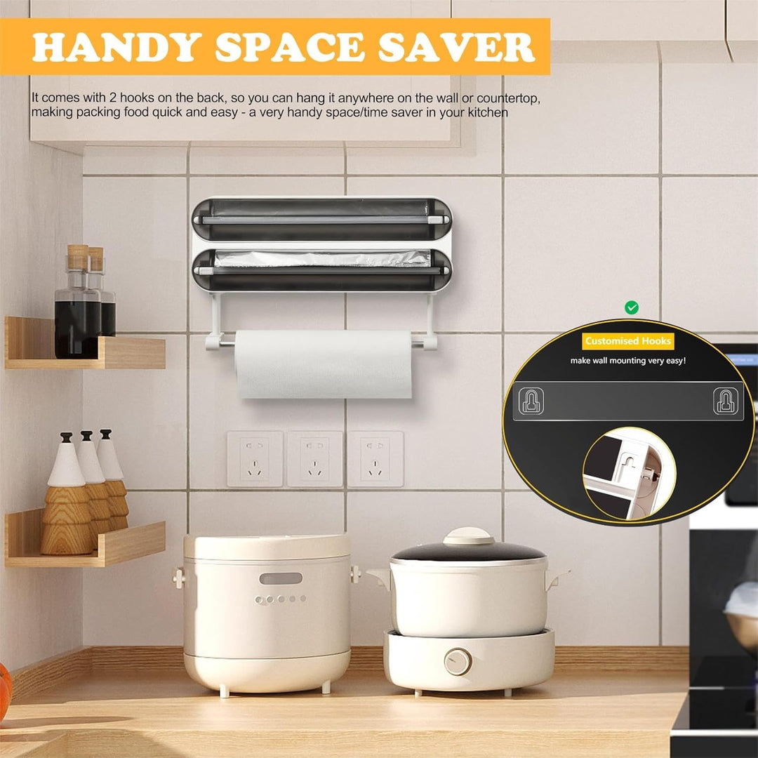 3-in-1 Frischhaltefolienspender mit Küchenrollenhalter - Platzsparender Wandrollenhalter, magnetisch
