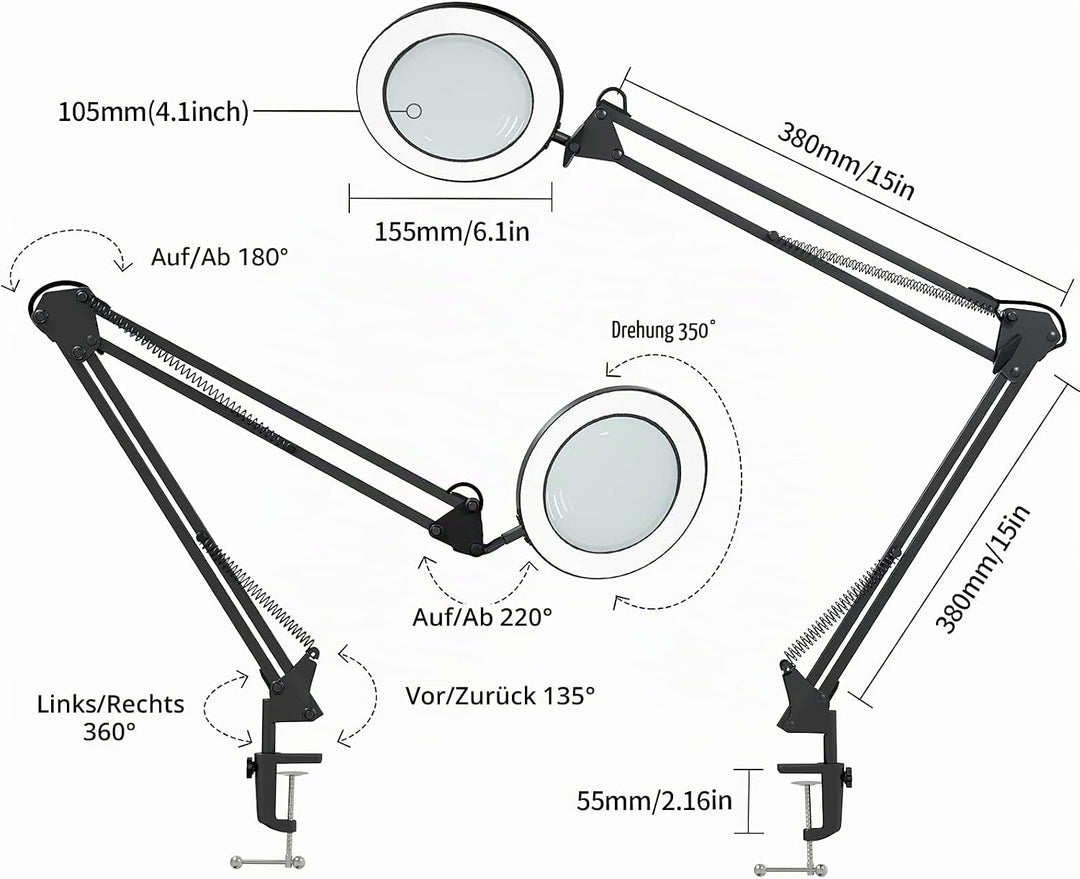 Beyamz Lupenleuchte Lupenlampe / 105 mm 5-Dioptrien-Echtglas / 3 Farbmodi / 10-stufig Dimmbar / 750