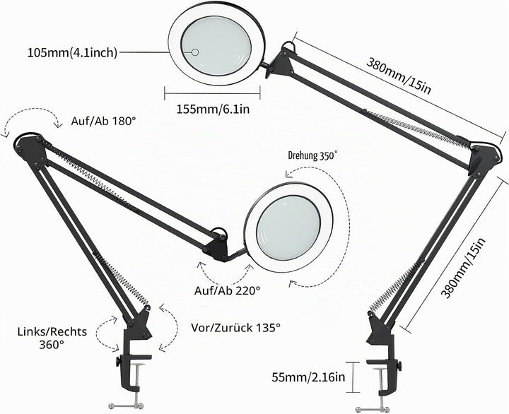 Beyamz Lupenleuchte Lupenlampe / 105 mm 5-Dioptrien-Echtglas / 3 Farbmodi / 10-stufig Dimmbar / 750