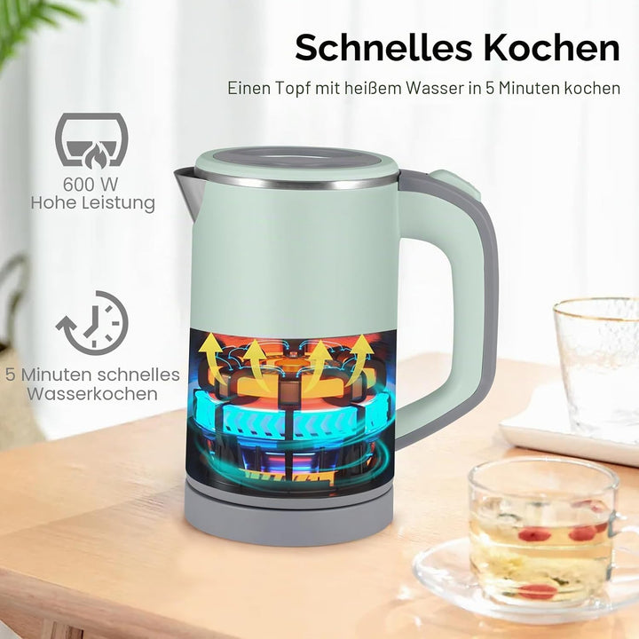 800ML Wasserkocher Klein Grün Reisewasserkocher | 600W BPA Frei Camping Kettle Wasserkocher, Leise T