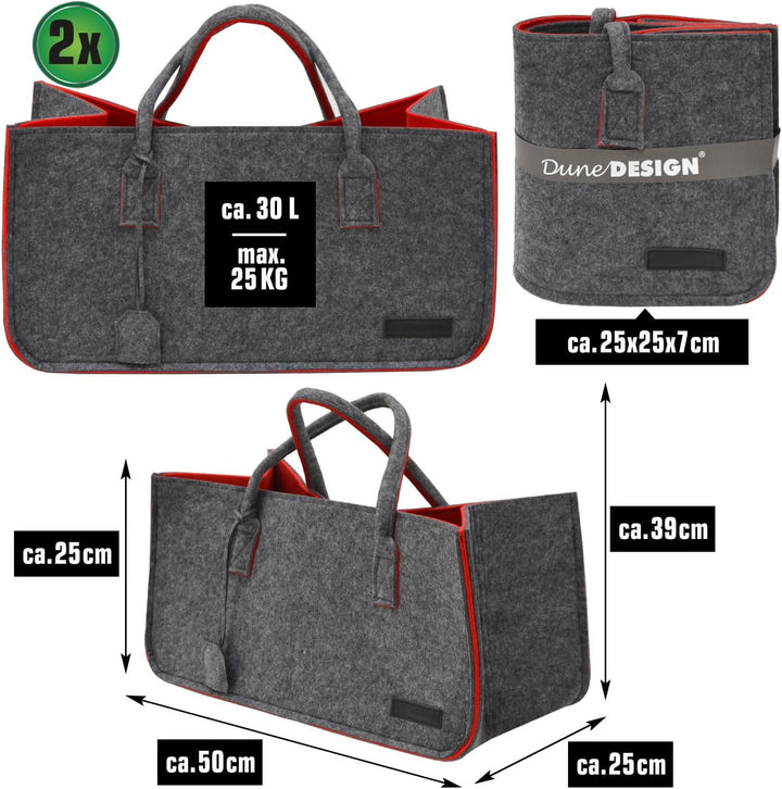 DuneDesign 2er Set: Schwerlast Shopping Bag Filz XXL - 50x25x25 Filztasche Gross - Kamintasche für H
