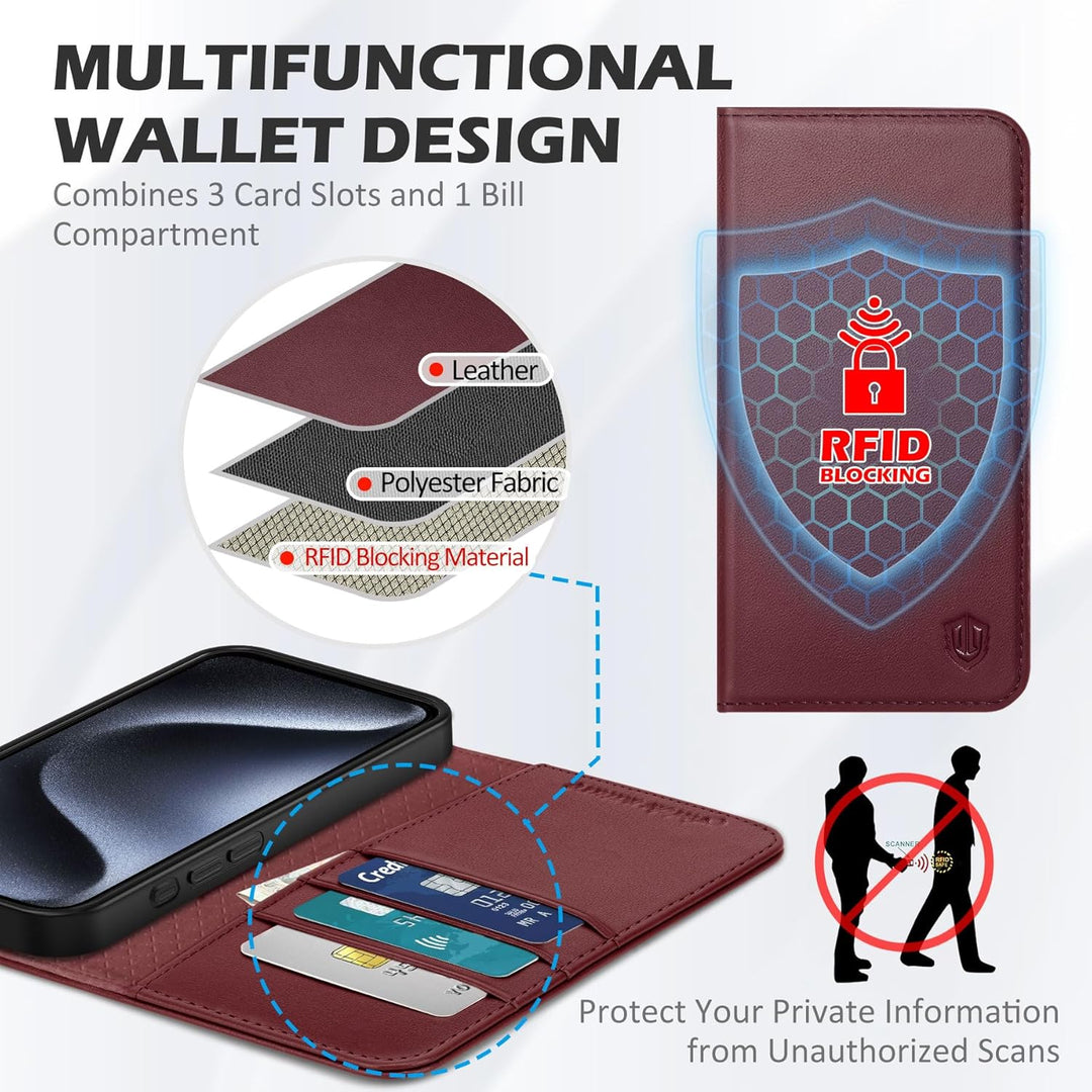 SHIELDON Hülle für iPhone 15 Pro Max, Handyhülle [Kartenfächer] [Echtes Rindsleder] [Standfunktion]