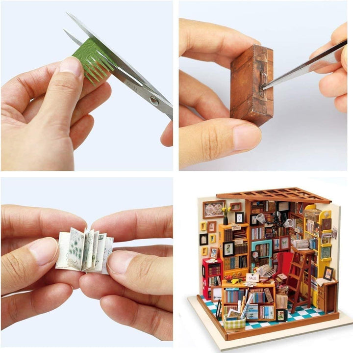 RoWood DIY Miniatur Haus Buchhandlung Puppenhaus mit Licht, DIY Mini Holz Haus Modell Set, Bastelset