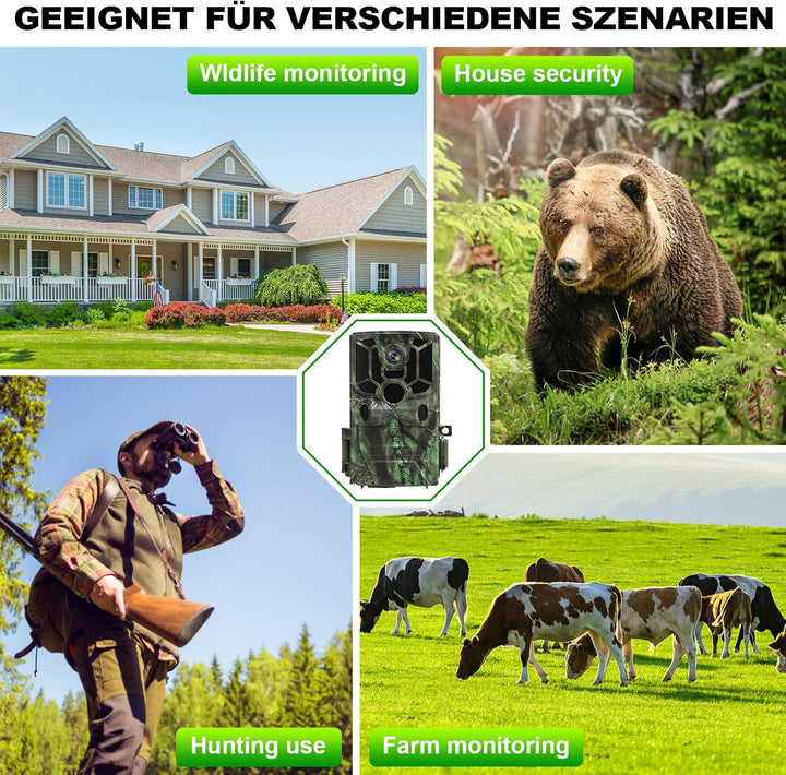 Wildkamera mit Handyübertragung App, 5K Video 60MP Full HD WLAN Bluetooth Wildtierkamera Nachtsicht