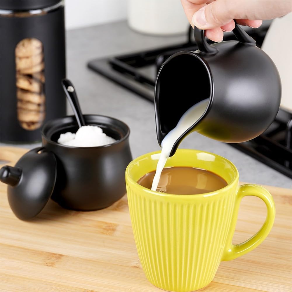 Vilde Milchkännchen und Zuckerdose Set aus Porzellan 2-teilig mit Deckel Löffel Schwarz - Modern Kaf