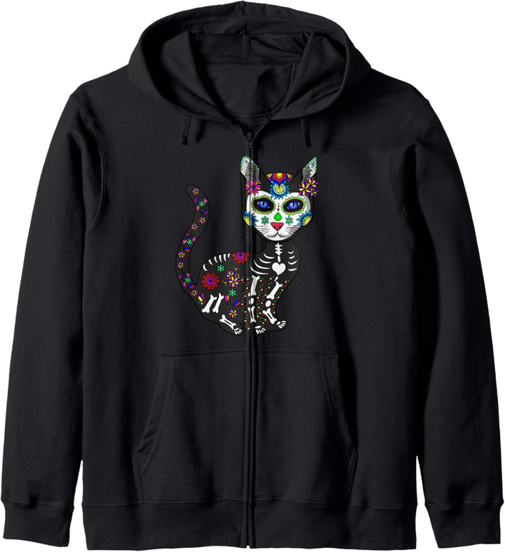 Craneo De Gato Sugar Skull - Bunte Day Of The Dead Katze Kapuzenjacke