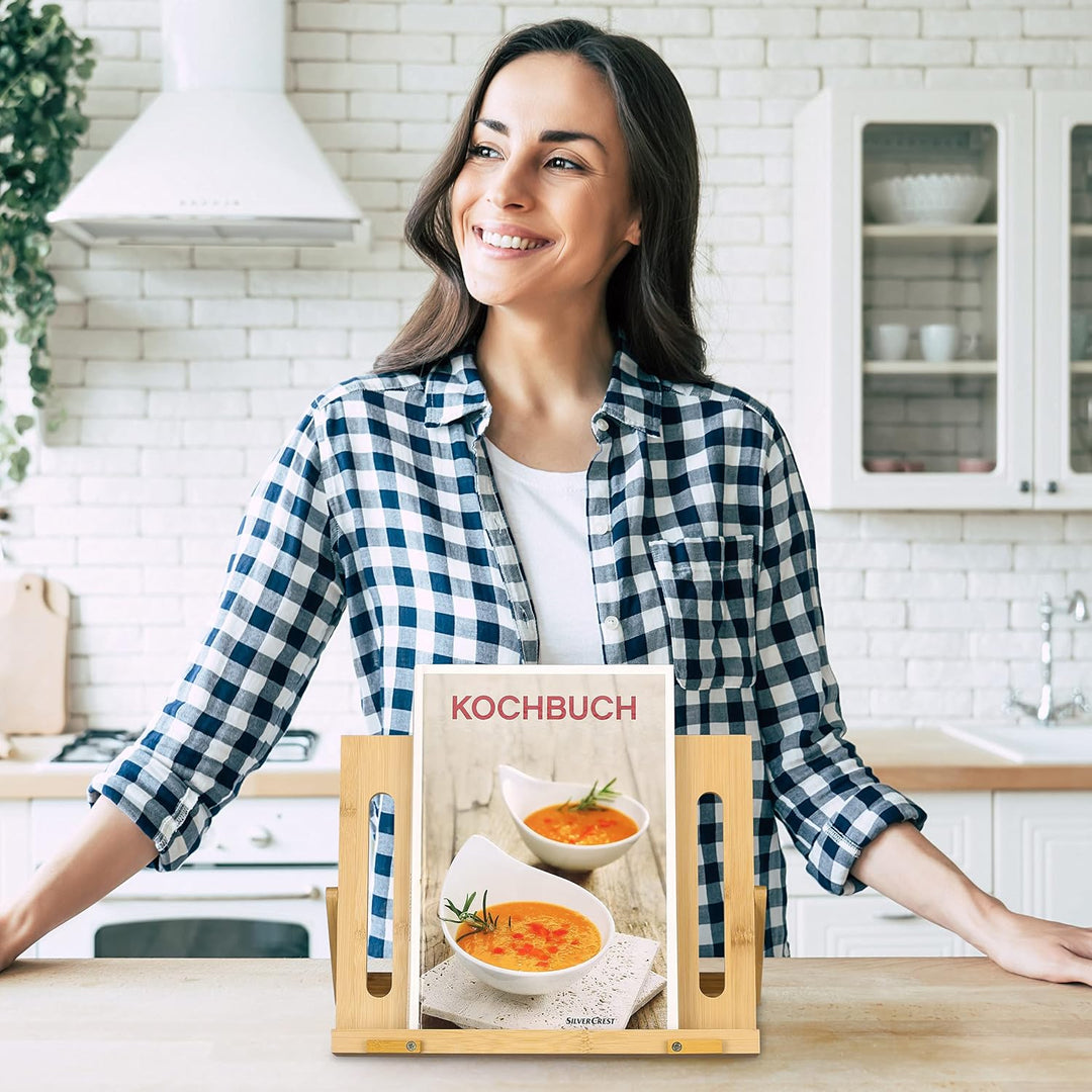 Relaxdays Buchständer, aus Bambus, 3 Neigungsstufen, klappbar, für den Tisch, HxBxT: 22x34x18 cm, Le