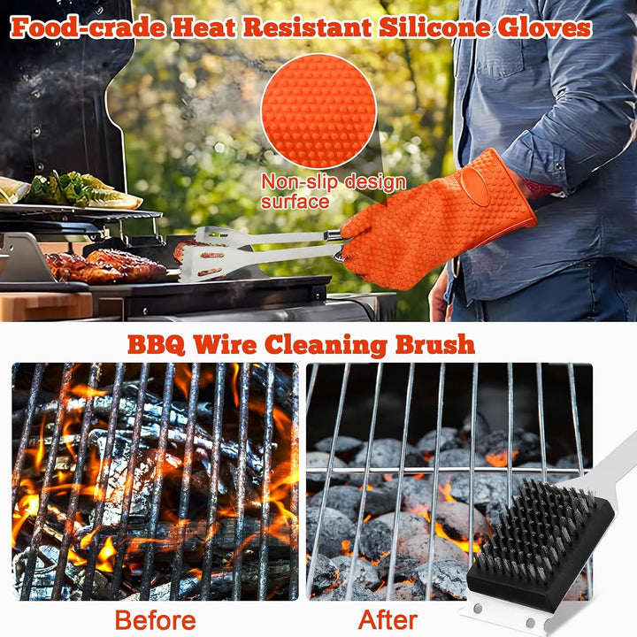BBQ Grillbesteck Set 30 Grillzubehör aus Hochwertiger Edelstahl Grillzange Grillspachtel Korkenziehe