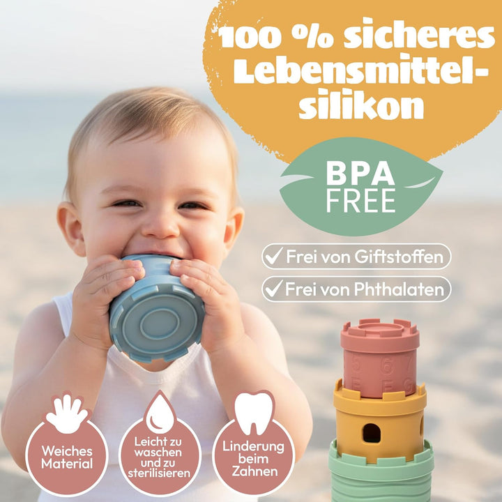 Stapelbecher Baby Silikon Montessori Spielzeug 3 in 1 – Stapelturm, Beissring & Badespielzeug | Sens