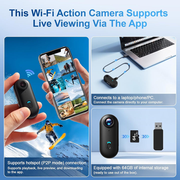 Action Cam, wasserdichte Kamera, 64GB Mini Bodycam, Fahrrad Dashcam, WiFi Action Camera, Körperkamer