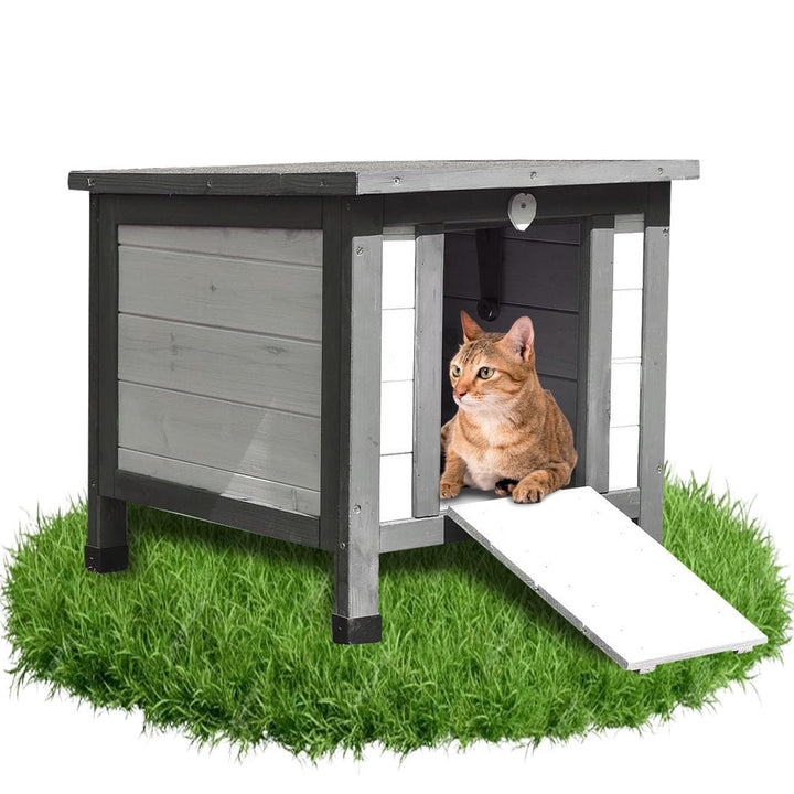 Melko Katzenhaus Grau/Weiss 50 x 45 x 43 cm mit klappbarem Deckel und Rampe, Winterfest
