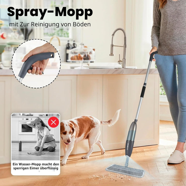 Grauer Wischer mit Sprühfunktion, 360° drehbarer Bodensprühwischer mit 3 waschbaren Mikrofaserpads,