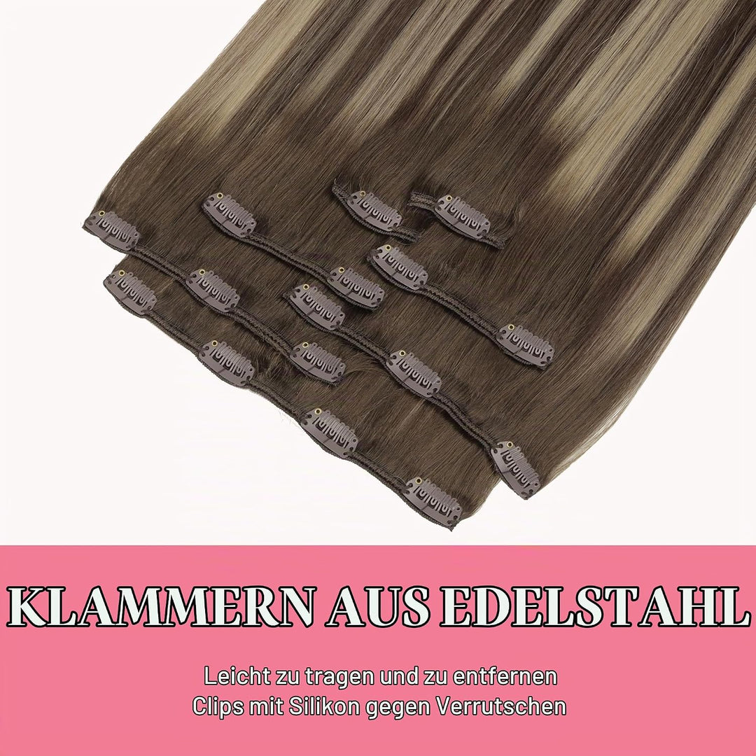 GOO GOO Clip in Extensions Echthaar, Echthaar Extensions Clip, 35cm 120g 7pcs, Extensions Echthaar,
