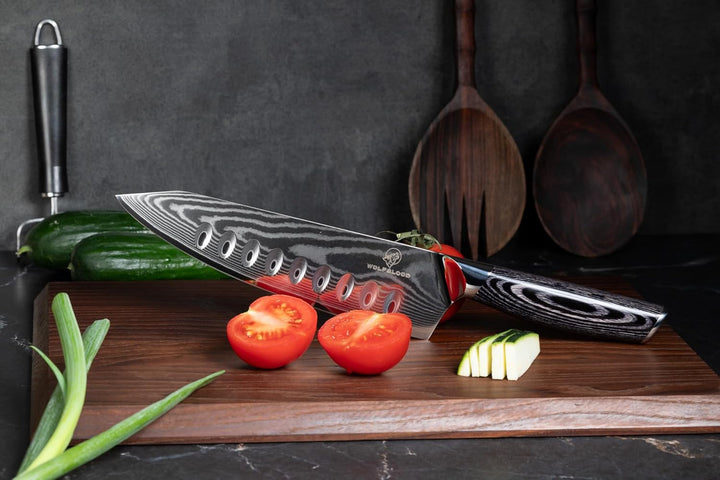 Wolfblood PRO Damastmesser Damast Küchenmesser XL(33cm) TÜV geprüfter 62 HRC Damaststahl aus 67 Lage