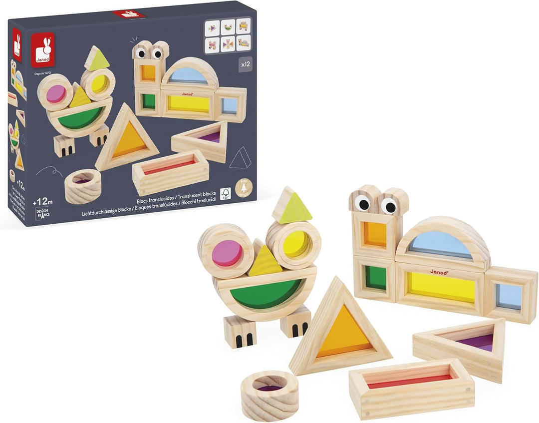 Janod J05306 Holzblock zum Zusammenbauen-Spiel zur Förderung der Sinneswahrnehmung-18 Blöcke und 6 M
