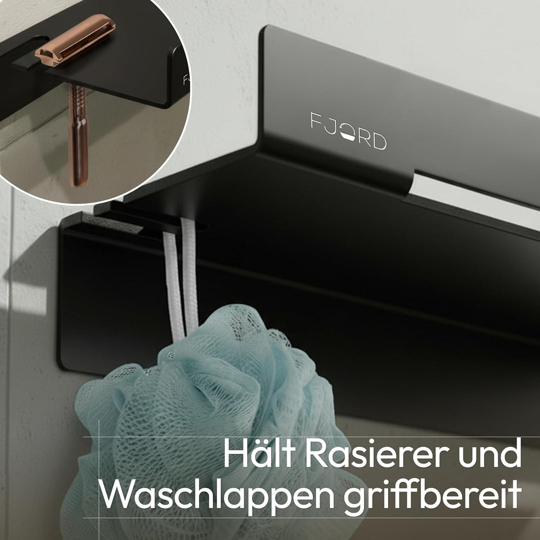 FJORD Flow Premium Duschablage ohne Bohren [Matt Schwarz] – Design Duschregal mit integriertem Rasie