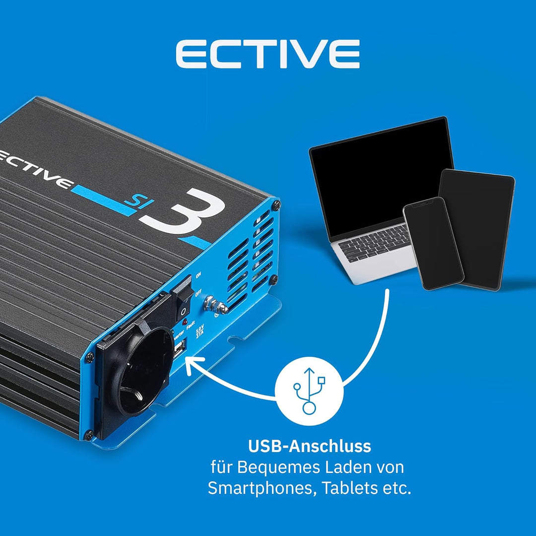 ECTIVE Reiner Sinsus Wechselrichter SI3-300W, 12V auf 230V, USB, Überlastschutz, Überhitzungsschutz,