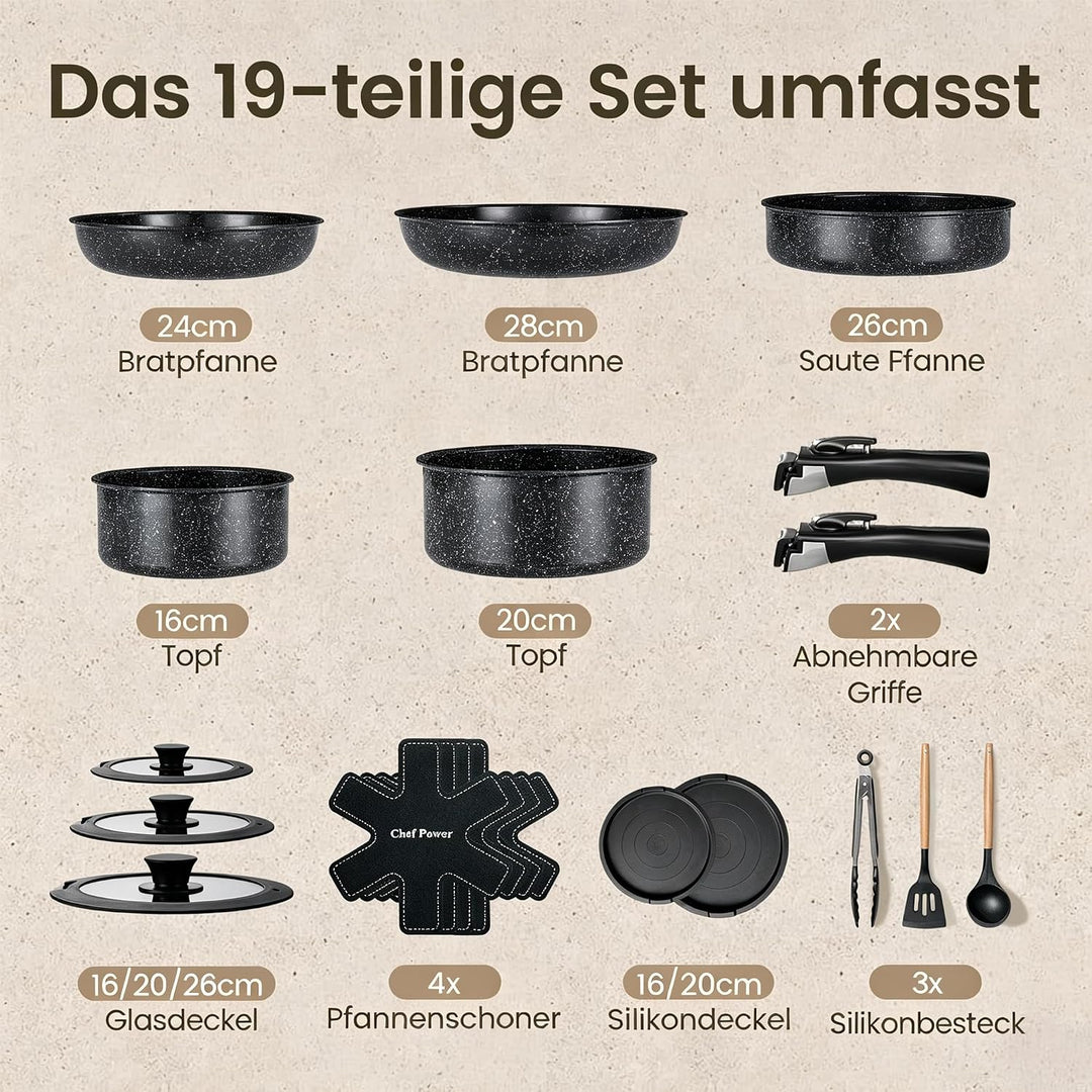 Chef Power Pfannenset Topfset 19-teilig, Titan-Keramik-Antihaft Kochgeschirr Set mit abnehmbaren Gri