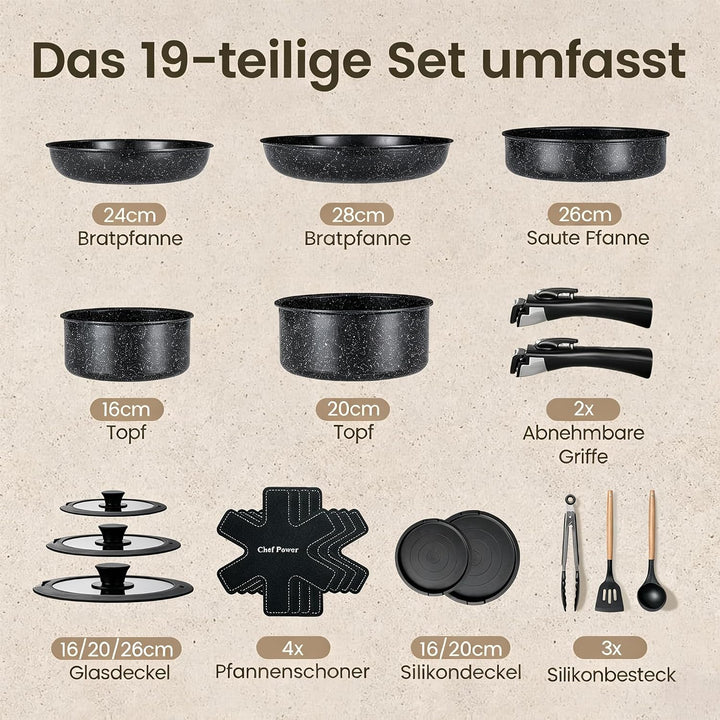 Chef Power Pfannenset Topfset 19-teilig, Titan-Keramik-Antihaft Kochgeschirr Set mit abnehmbaren Gri