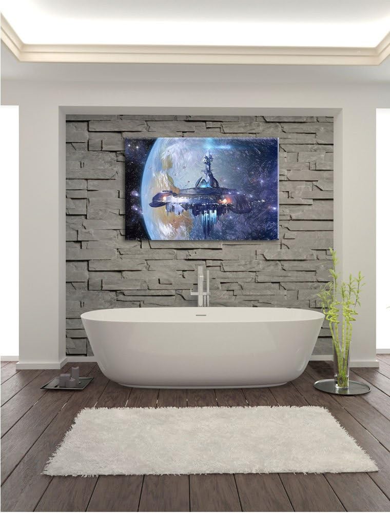 Pixxprint Raumschiff vor der Erde / 100x70cm Leinwandbild bespannt auf Holzrahmen/Wandbild Kunstdruc