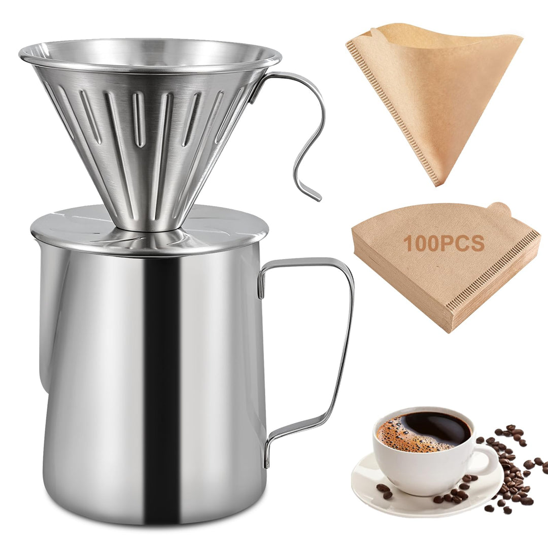 Pour Over Kaffeebereiter Set, Edelstahl, mit kaffeefilterhalter 100 Papierfilter und 600 ml Milchauf