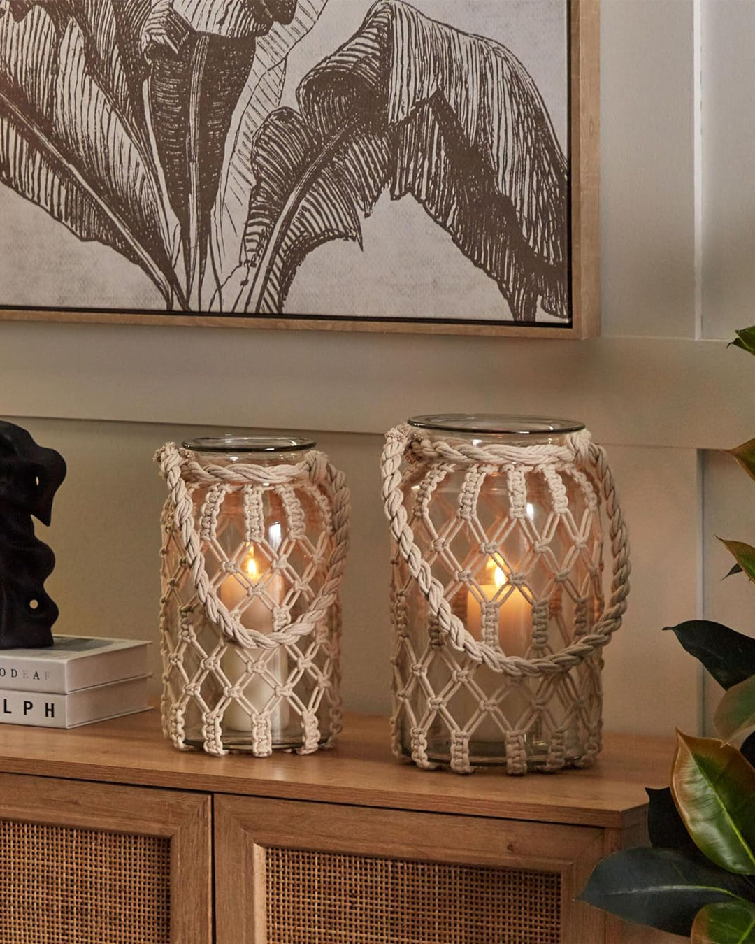 Laterne Glas weiss 31 cm mit Griff Makramee geflochten Tischdeko Boho Jalebi