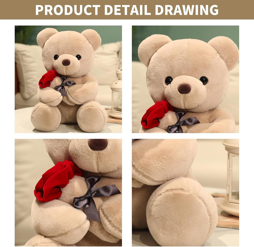 Bocguy Teddybär Plüsch, 23cm Teddybär mit Rose, Stofftier Spielzeug Dekozimmer Kissen für Weihnachte