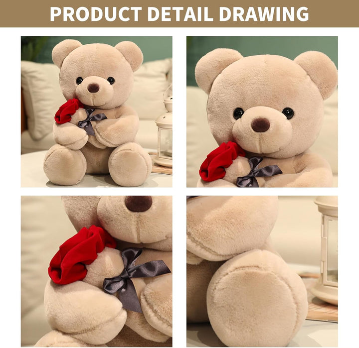 Bocguy Teddybär Plüsch, 23cm Teddybär mit Rose, Stofftier Spielzeug Dekozimmer Kissen für Weihnachte