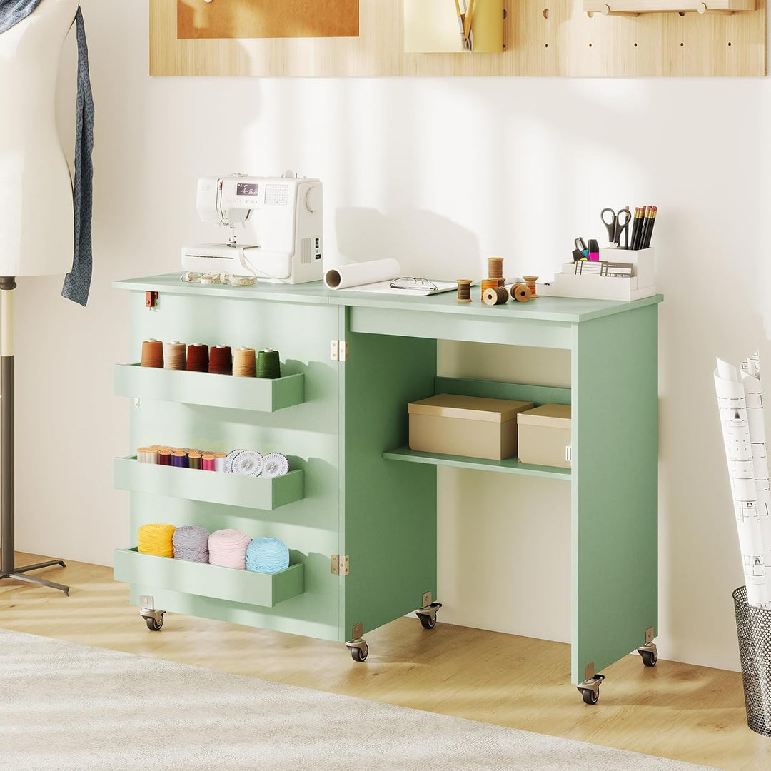 COSTWAY 2 in 1 Nähtisch klappbar, Nähmaschinenschrank Holz mit Regalen & Ablagefach, Nähschrank mit