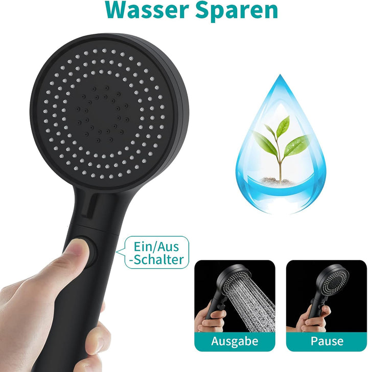 MIAOHUI Schwarz Duschkopf Druckerhöhend, Handbrause mit 3 Strahlarten, Wassersparend Hochdruck Dusch