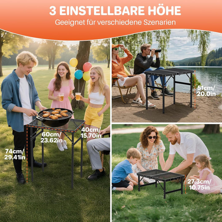 FUNYKICH Klappbar Grilltisch 60 x 40cm, Tragbarer Campingtisch Outdoor mit 3 Höhenverstellbar(27/51/