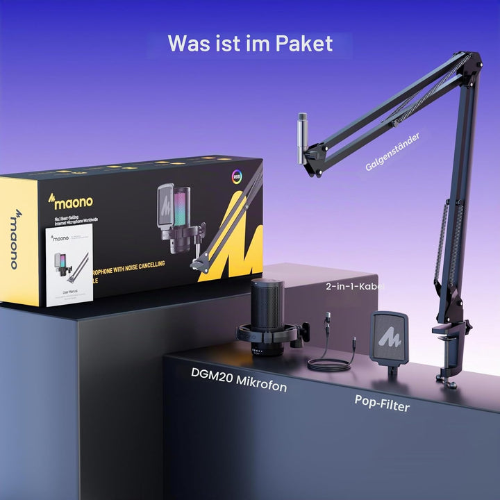 MAONO Gaming USB Mikrofon, Noise Cancellation Kondensator Mic mit Mute, Gain, Monitoring, Galgenarm,