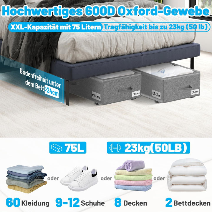 Unterbettkommode mit Rollen 360°Drehung, 2 Stück XXL 60L Unterbett Aufbewahrungsbox mit Transparente